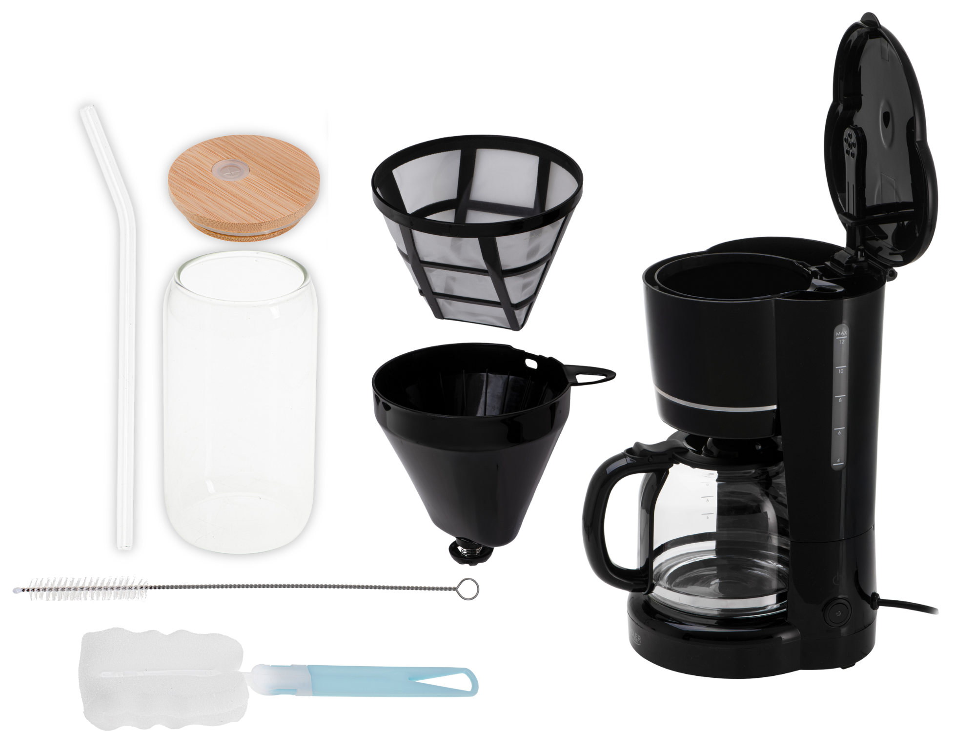 Zestaw produktów: ekspres Adler AD 4383, szklany dzbanek, filtr, instrukcja i kompletny szklany kubek.