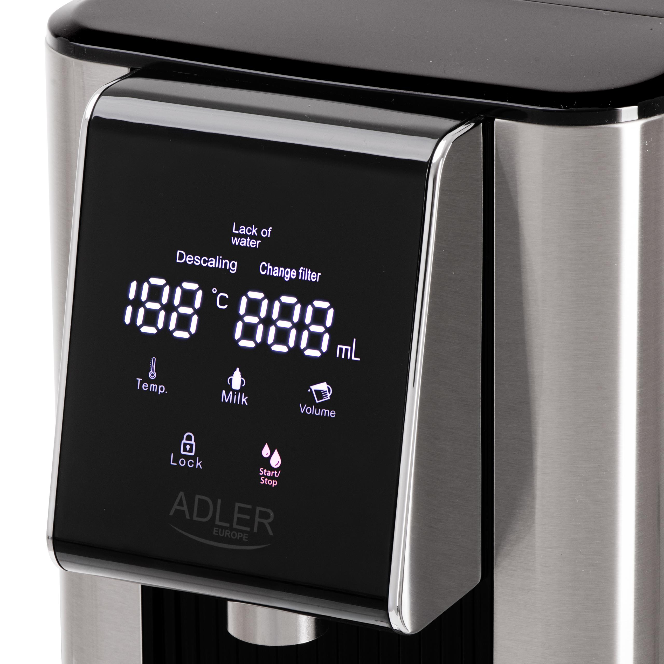 Panel dotykowy dozownika gorącej wody pokazujący różne opcje objętości wody, od 100 ml do 400 ml, oraz tryb ciągły.