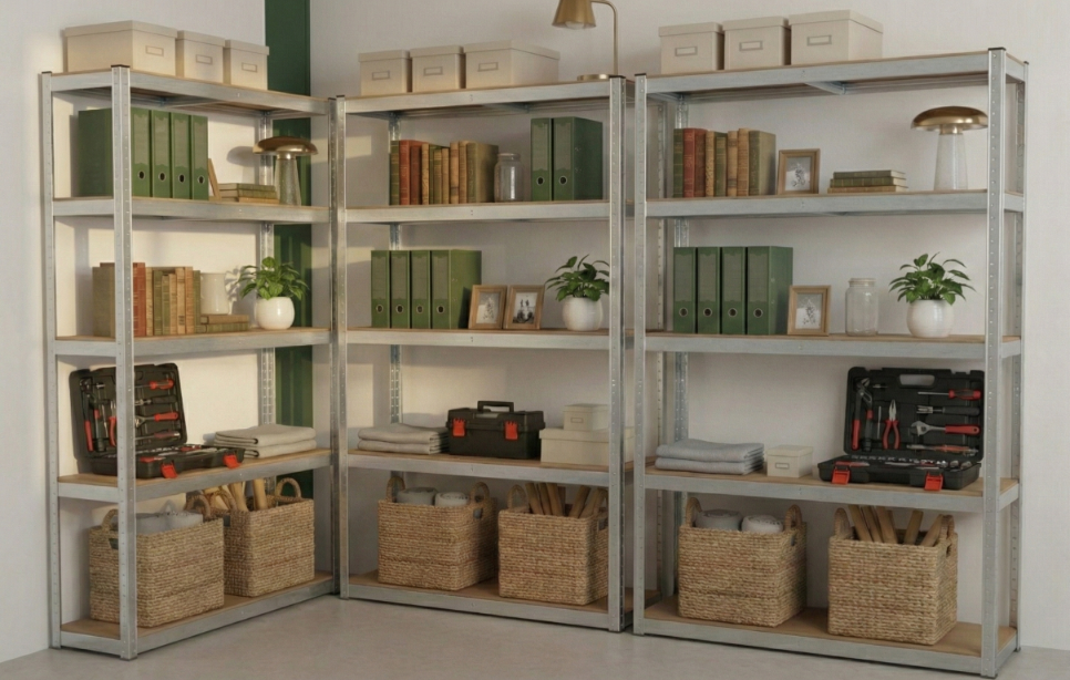 Zestaw trzech metalowych regałów magazynowych 2w1 Avenido AV 6816 z widokiem na solidną konstrukcję i pięć półek