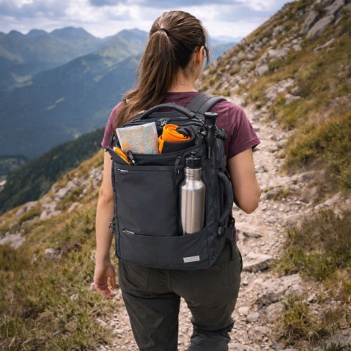 Tył plecaka Camry CR 6881 Dark Grey z widocznymi szerokimi szelkami, paskiem mostkowym oraz pasem do mocowania na rączce walizki, ilustrujący ergonomię i komfort.