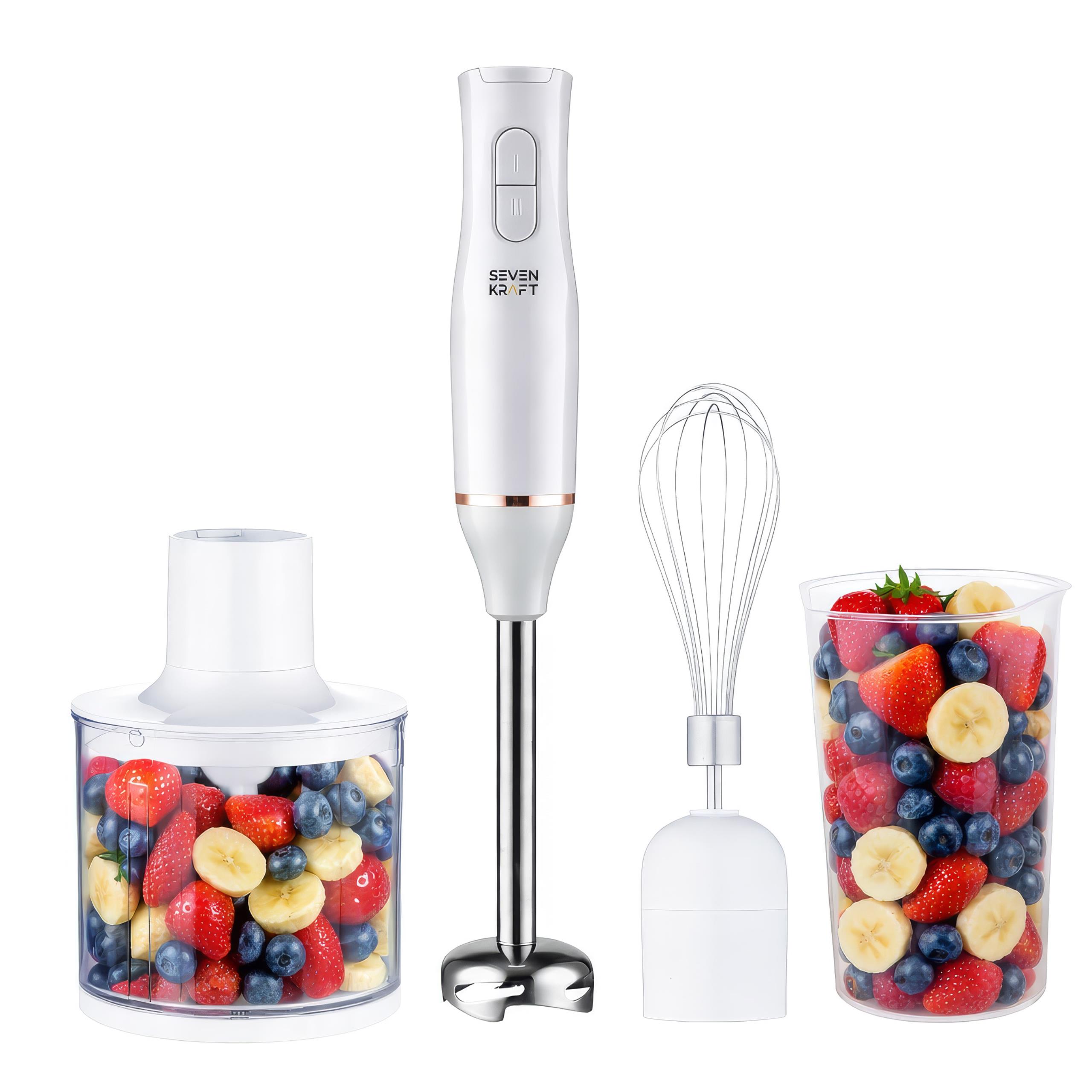 Kompletny zestaw 4w1 blendera ręcznego Sevenkraft SK 4632W z rozdrabniaczem, kubkiem, końcówką miksującą i ubijaczką