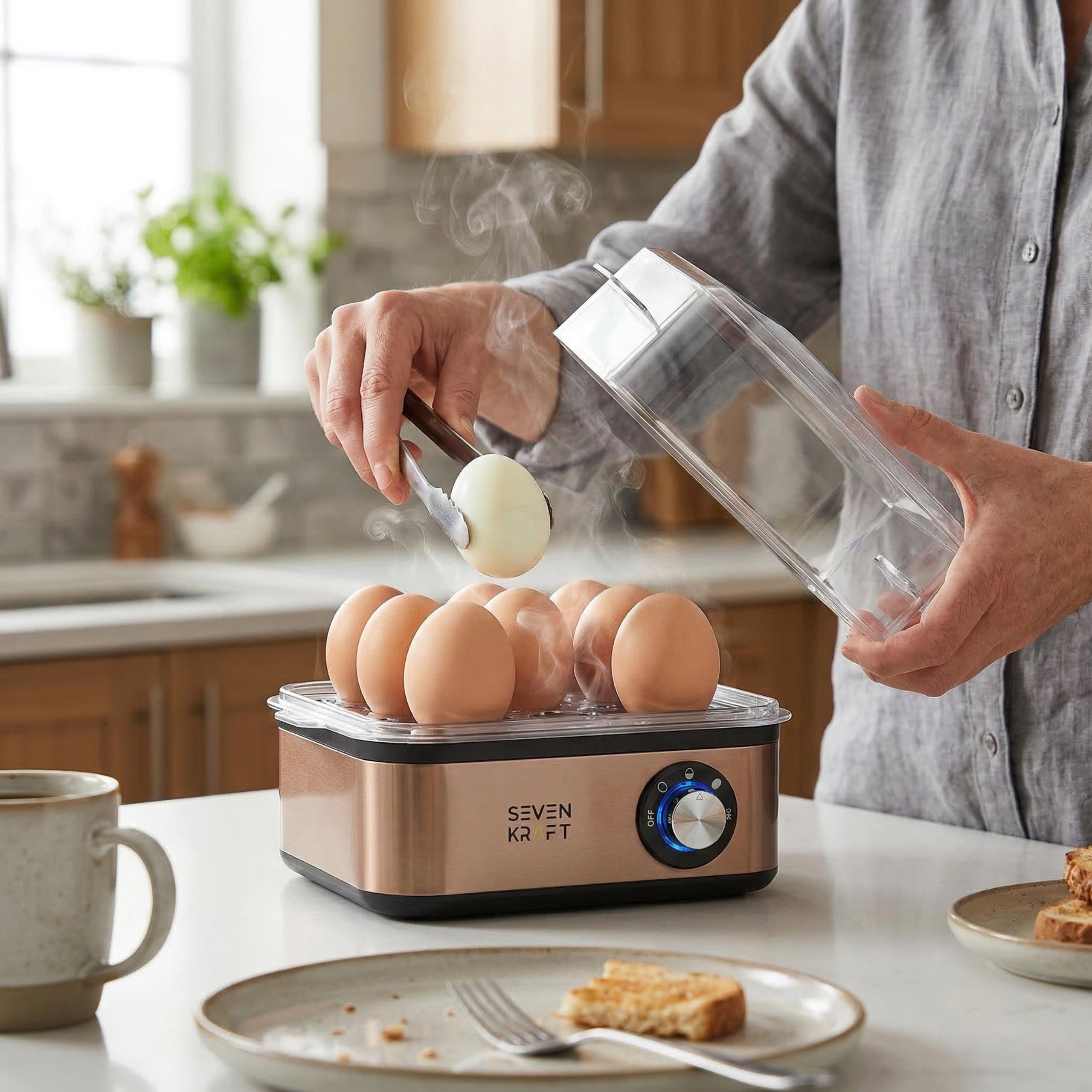 Przygotowane jajka sadzone w foremce dołączonej do jajowaru , na tle białych talerzy