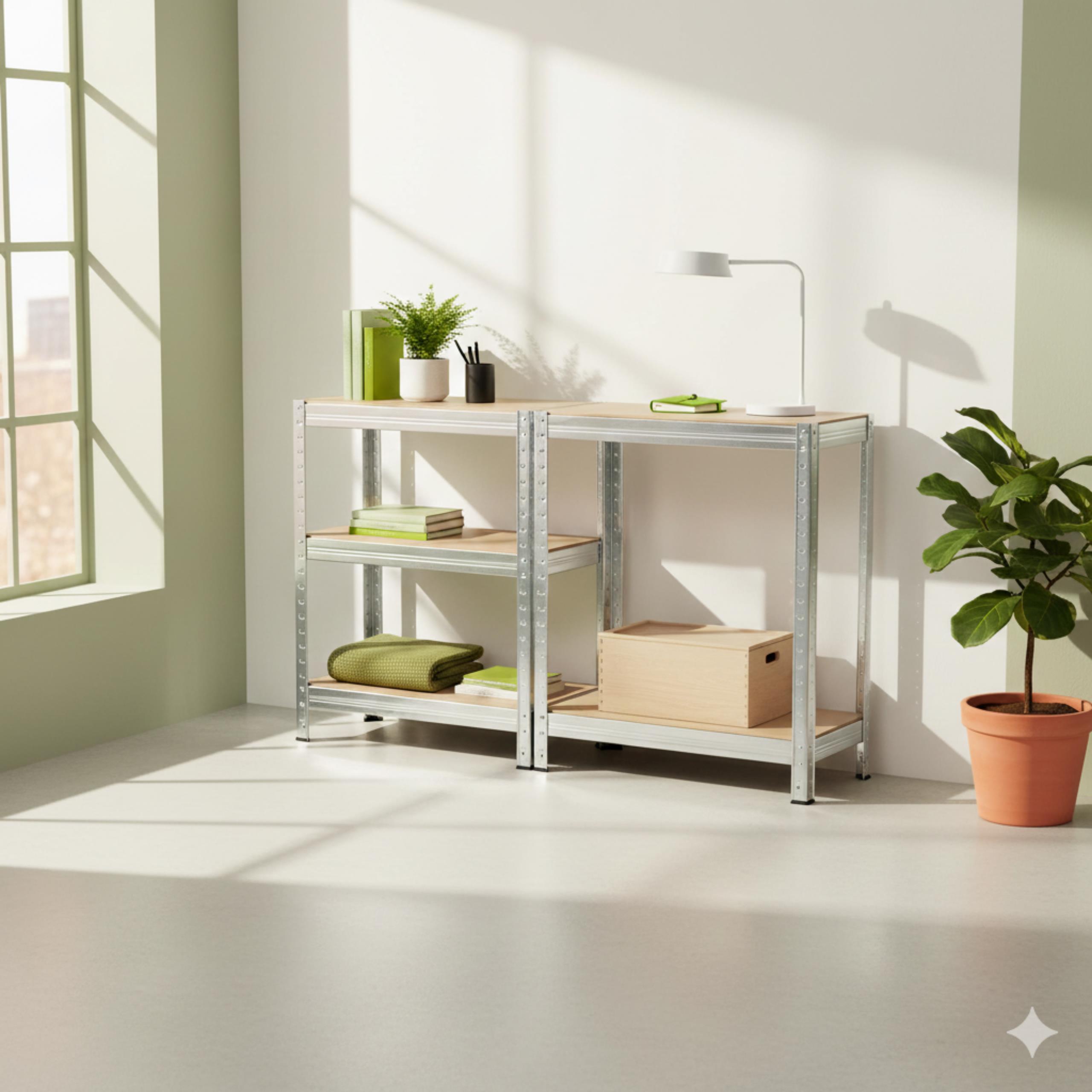 Metalowy regał magazynowy Avenido w dwóch konfiguracjach: jako jeden wysoki regał oraz jako dwa mniejsze, niższe regały.