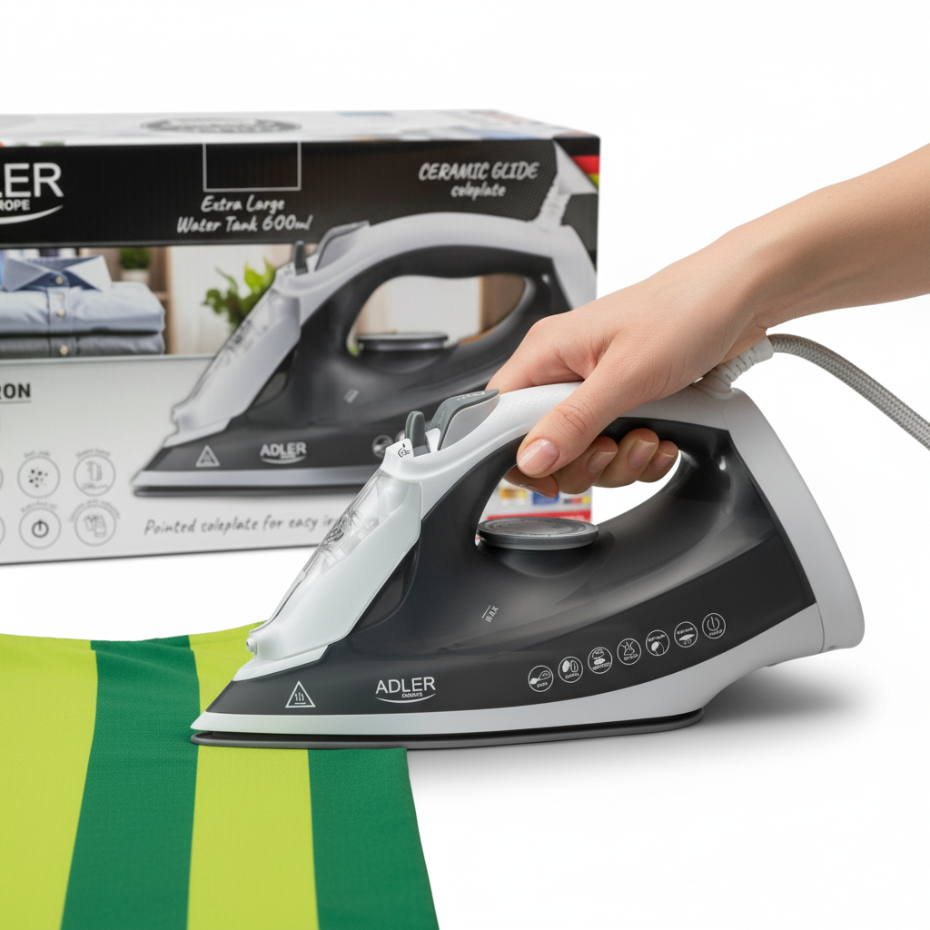 Żelazko parowe Adler AD 5051 w eleganckim, ciemnym kolorze, z widoczną ceramiczną stopą i ergonomicznym uchwytem.