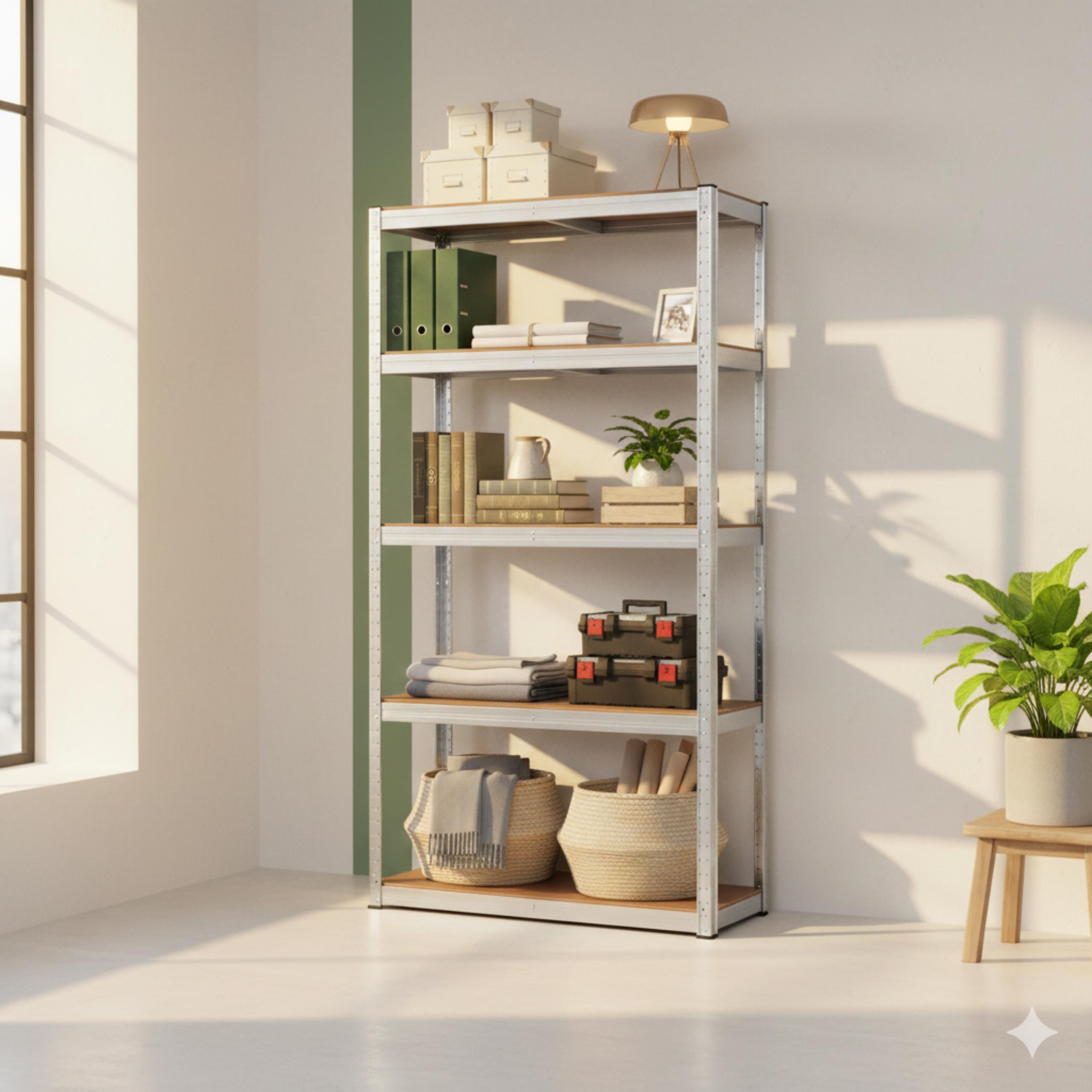 Zadowolony klient stojący przy nowo złożonym regale magazynowym Avenido, uśmiechający się i wskazujący na jego solidność.