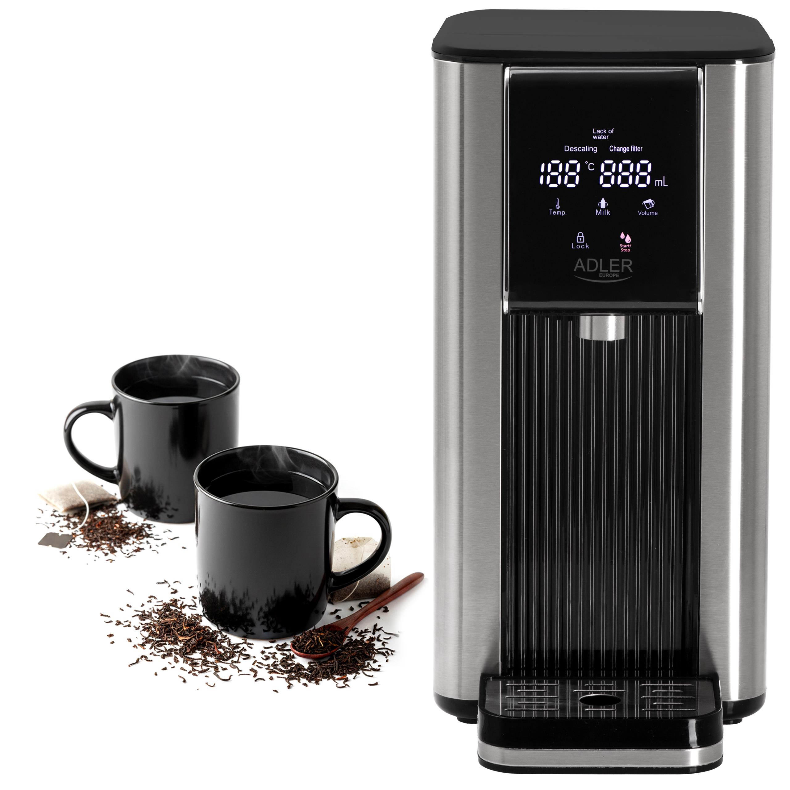 Graficzna prezentacja wymiarów dozownika gorącej wody, wraz z kluczowymi danymi technicznymi, takimi jak moc i pojemność.