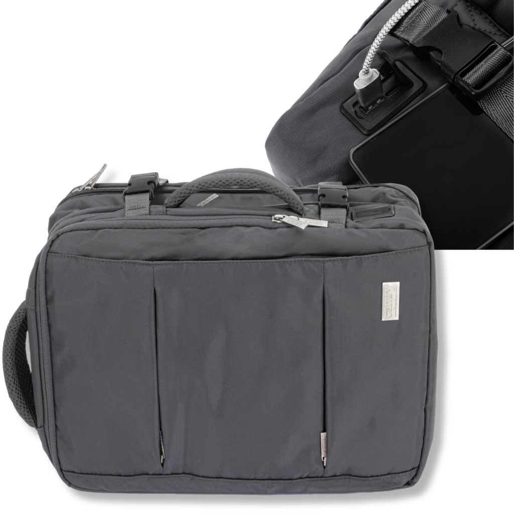 Wnętrze przedniej komory plecaka Camry CR 6881 Dark Grey z widocznymi portami USB-A i USB-C oraz przegródkami na akcesoria, prezentujące funkcjonalność mobilnego biura.