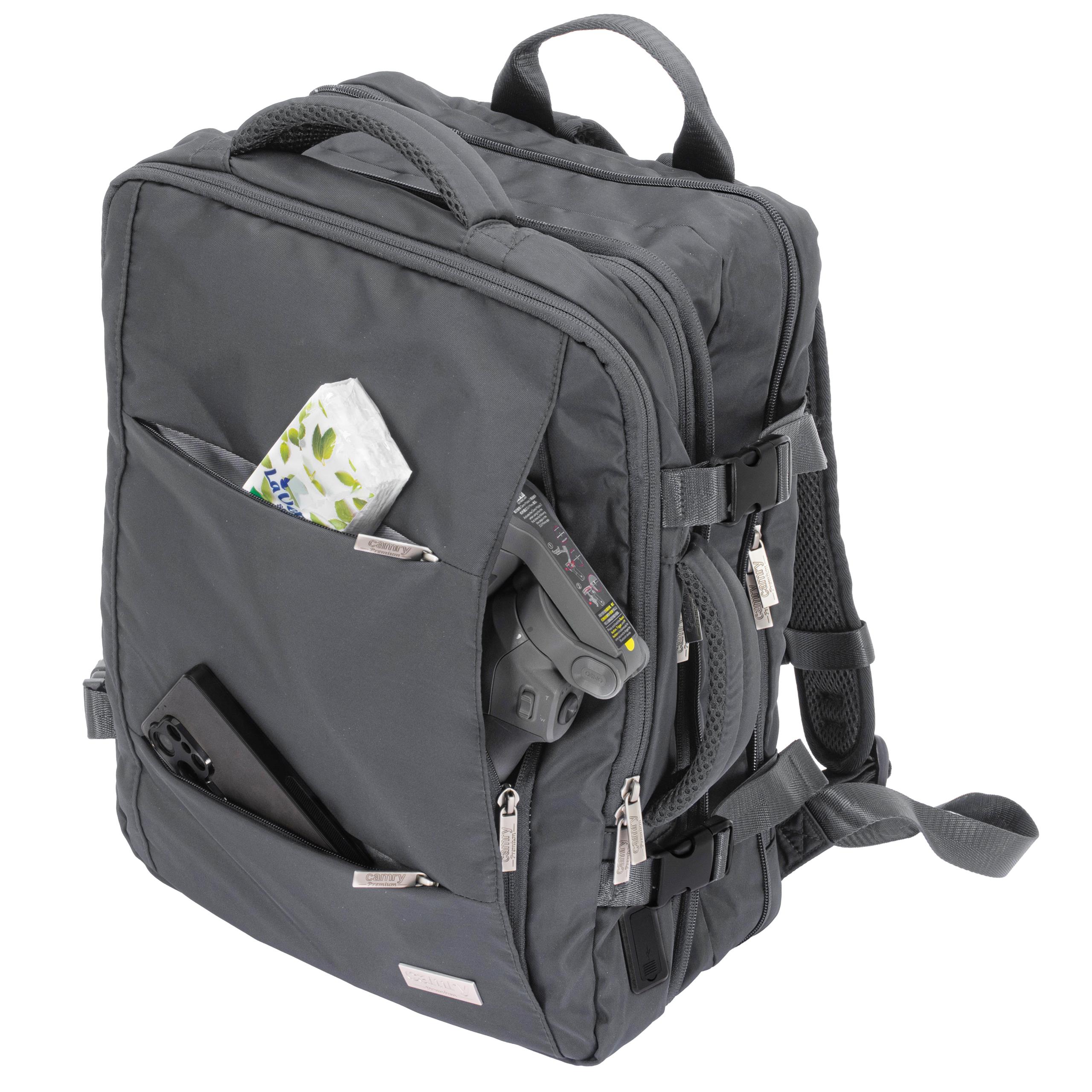 Rysunek techniczny plecaka Camry CR 6881 Dark Grey z wymiarami, ukazujący jego rozkład i poszczególne komory oraz porty USB.