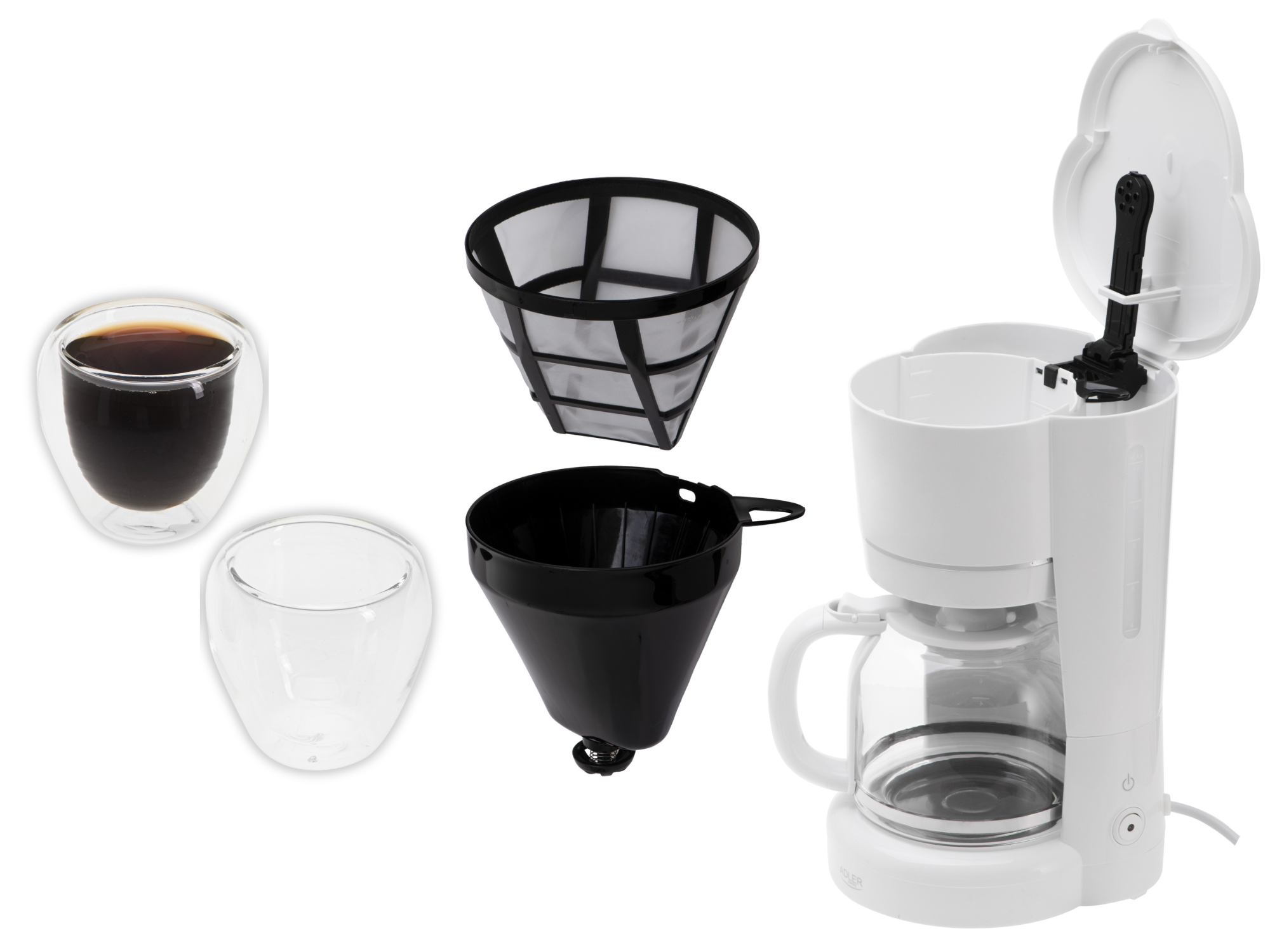 Zawartość zestawu ekspresu Adler AD 4383: ekspres, dzbanek, filtr, instrukcja i dwie filiżanki espresso