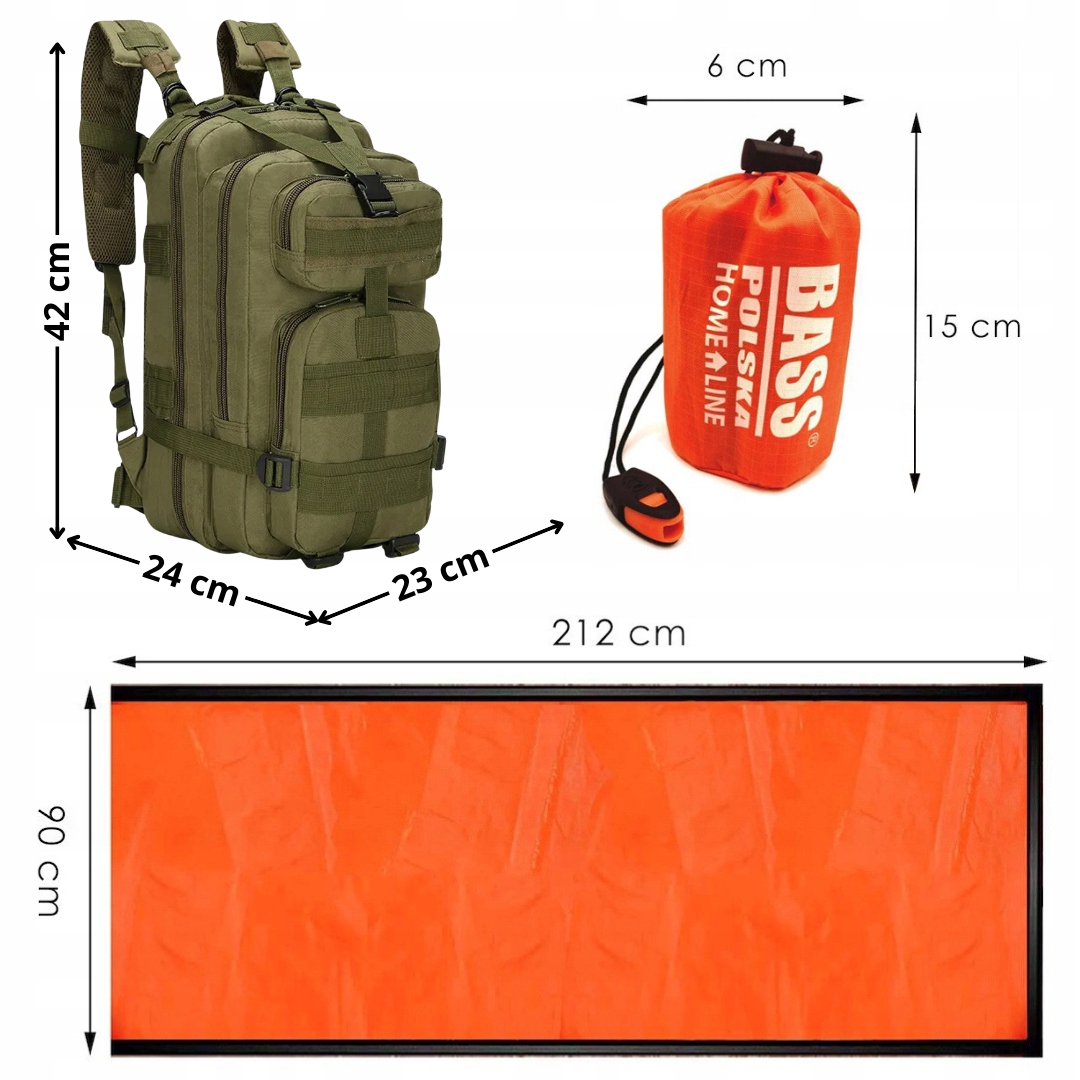 Plecak Militarny Pojemny + Apteczka Mini Zielona + Śpiwór Koc Termiczny