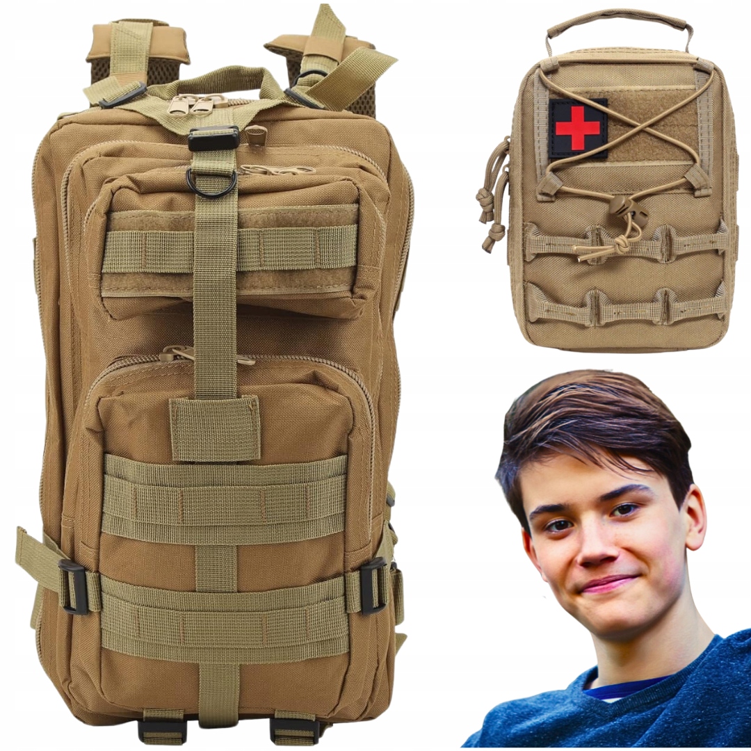 Militarny Plecak Brązowy Pojemny + Apteczka Piaskowa Duża