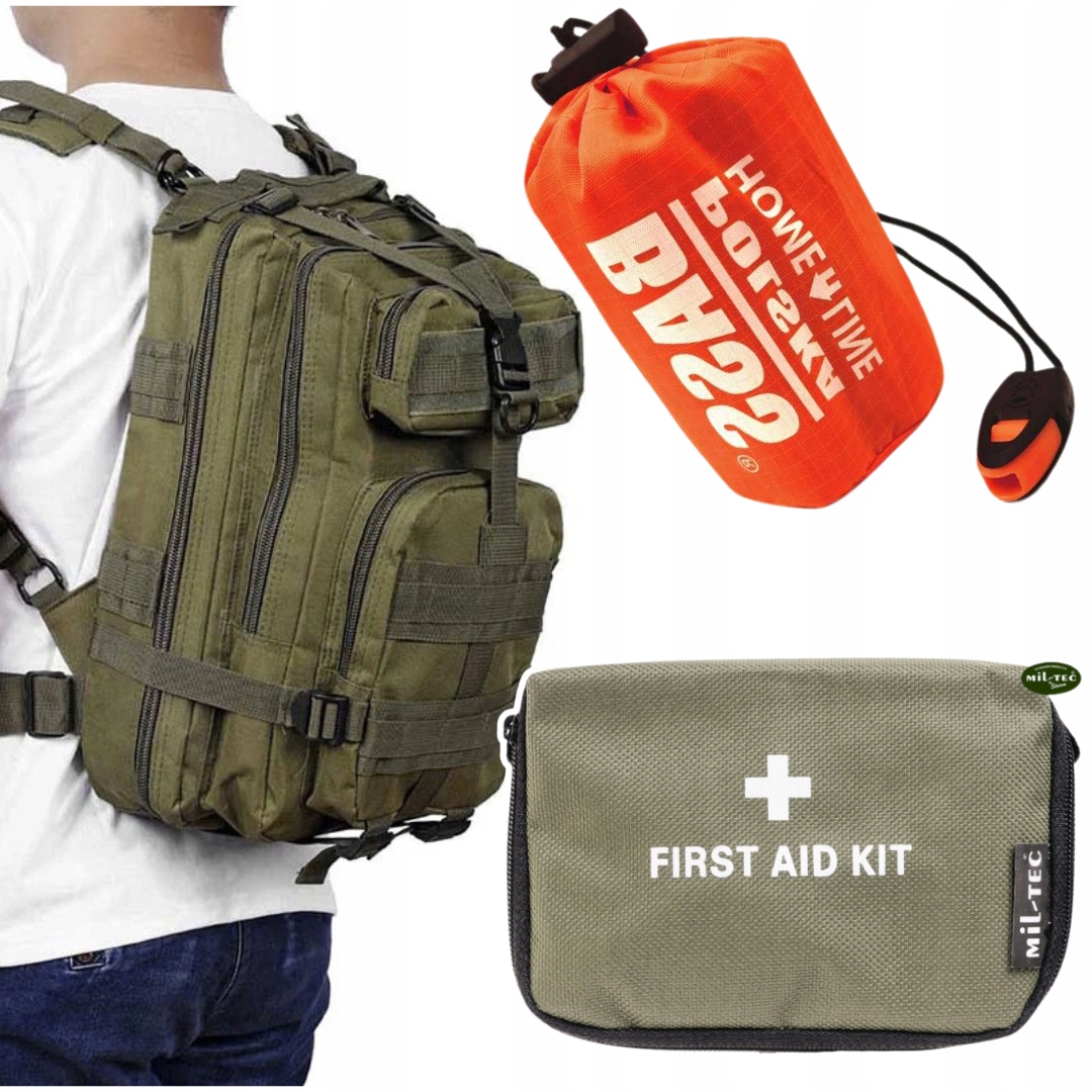 Plecak Militarny Pojemny + Apteczka Mini Zielona + Śpiwór Koc Termiczny