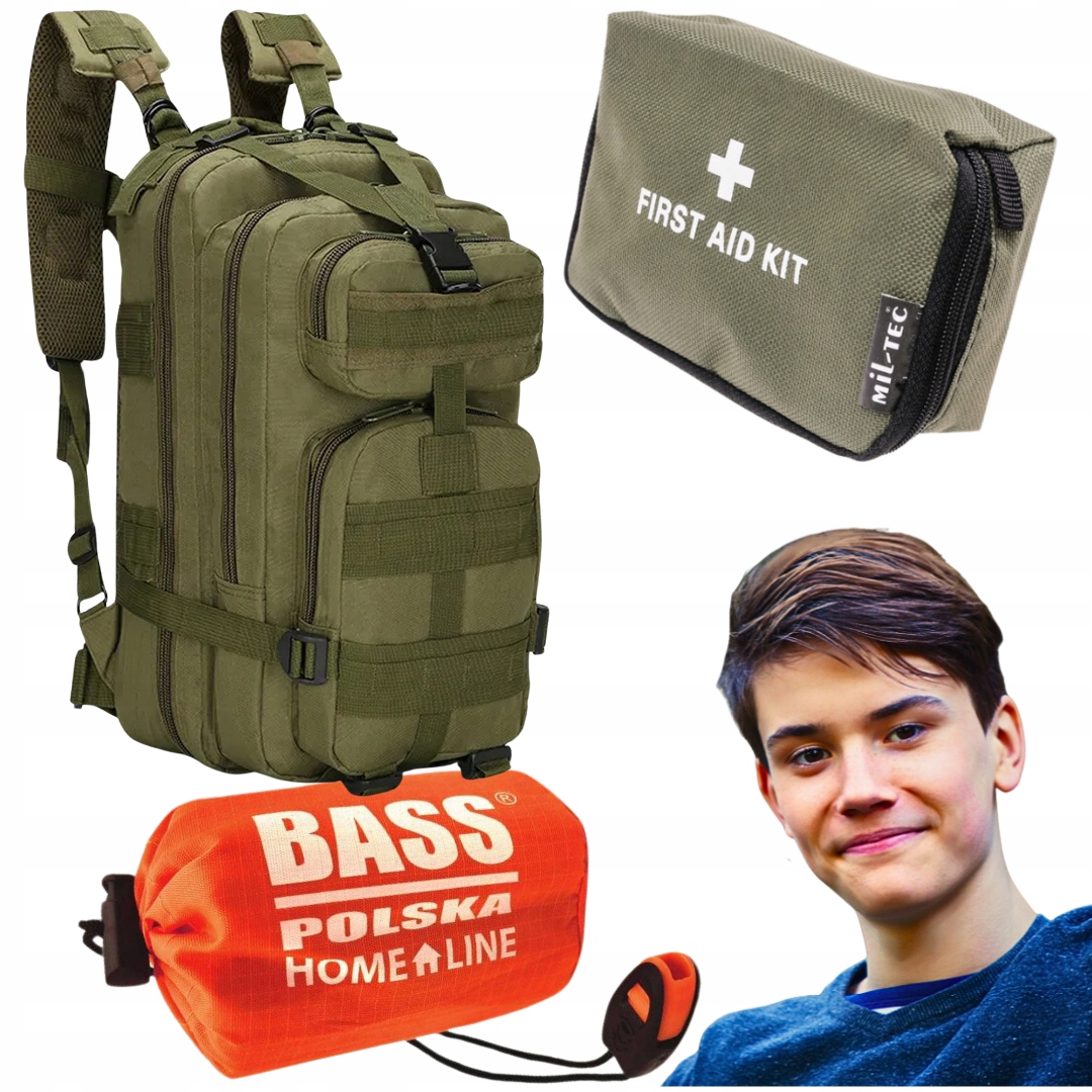 Plecak Militarny Pojemny + Apteczka Mini Zielona + Śpiwór Koc Termiczny