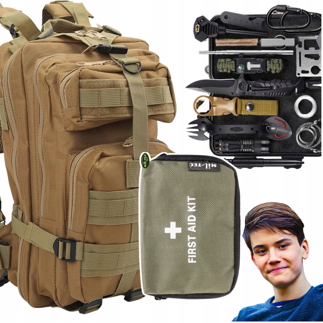 Plecak Militarny Brązowy + Zestaw Przetrwania + Mini Apteczka Podręczna