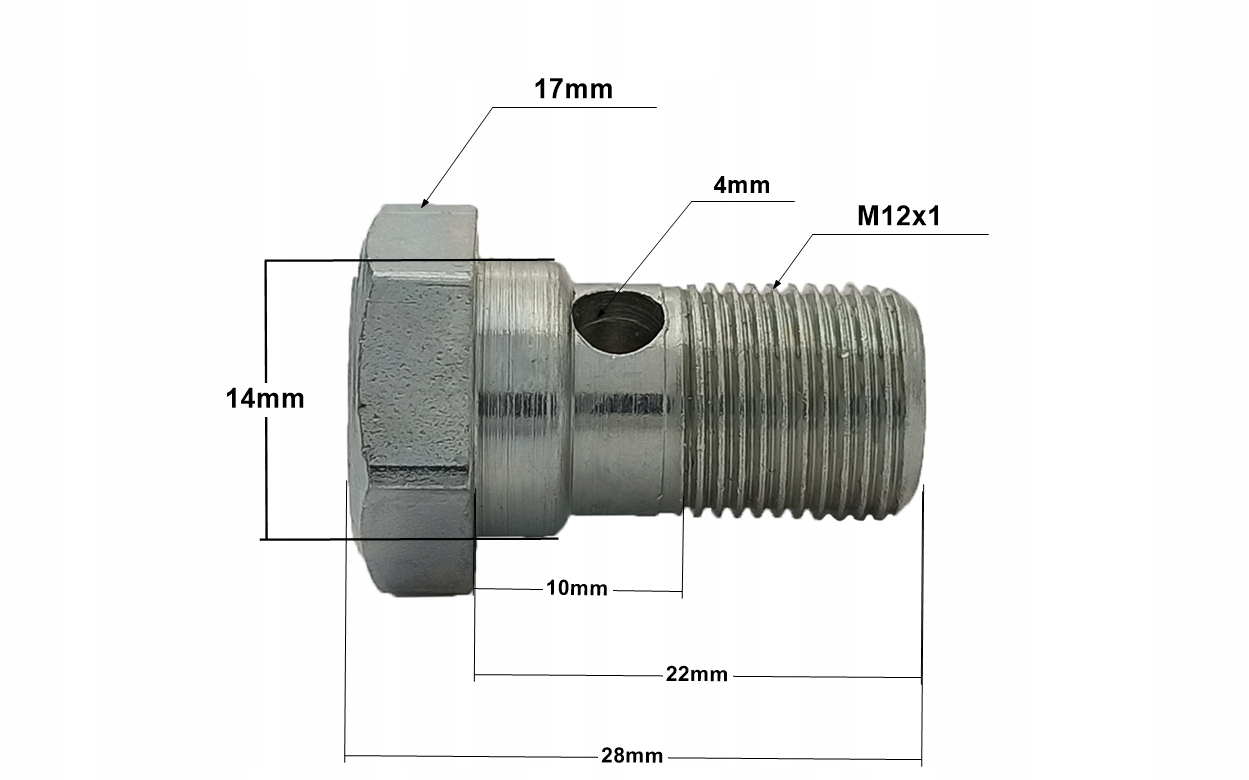 4x Śruba drożna - przelewowa - banjo - do oczek M12x1 ( Fi14 ) ocynk; SR-06