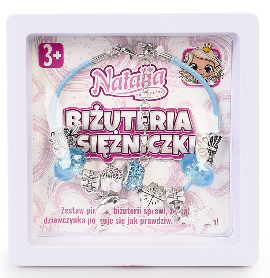 Niebieska bransoletka Natalia Collection Biżuteria Księżniczki w białej ramce – błękitny rzemyk z charmsami w kształcie delfina, rozgwiazdy i serca oraz kryształowymi koralikami.