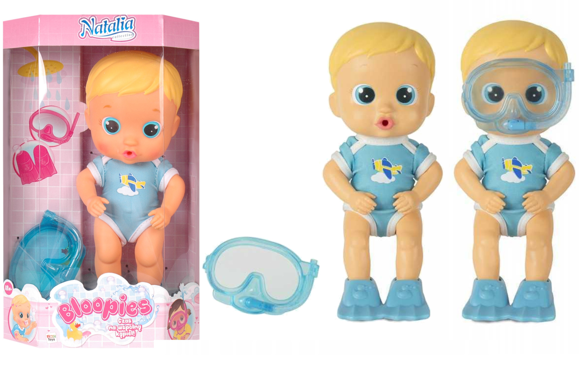Lalka do kąpieli Bloopies Natalia w błękitnym stroju z samolotem, jasnoniebieską maską do nurkowania i płetwami. Zdjęcie produktowe przedstawia lalkę w różowym pudełku oraz w dwóch pozach z akcesoriami.