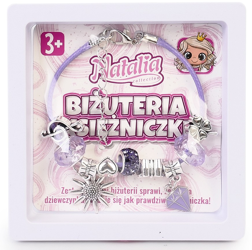 Fioletowa bransoletka Natalia Collection Biżuteria Księżniczki w białym pudełku – liliowy rzemyk z charmsami w kształcie słońca, diamentu i serca oraz fioletowymi koralikami.