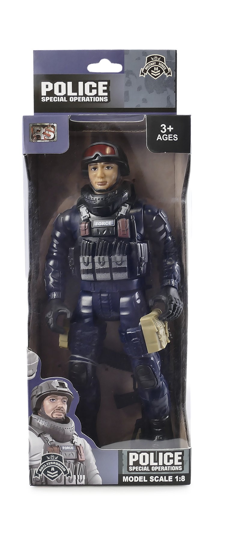 Figurka policjanta o wysokości 23,5 cm w skali 1:8 stoi w lekkim rozkroku na neutralnym, jasnym tle, ubrana w granatowy mundur policyjny z wyraźnie widocznym pasem taktycznym, kaburą i odłączalnym uzbrojeniem w dłoniach, z realistycznymi detalami twarzy i wyposażenia, przeznaczona dla dzieci powyżej 3 roku życia.
