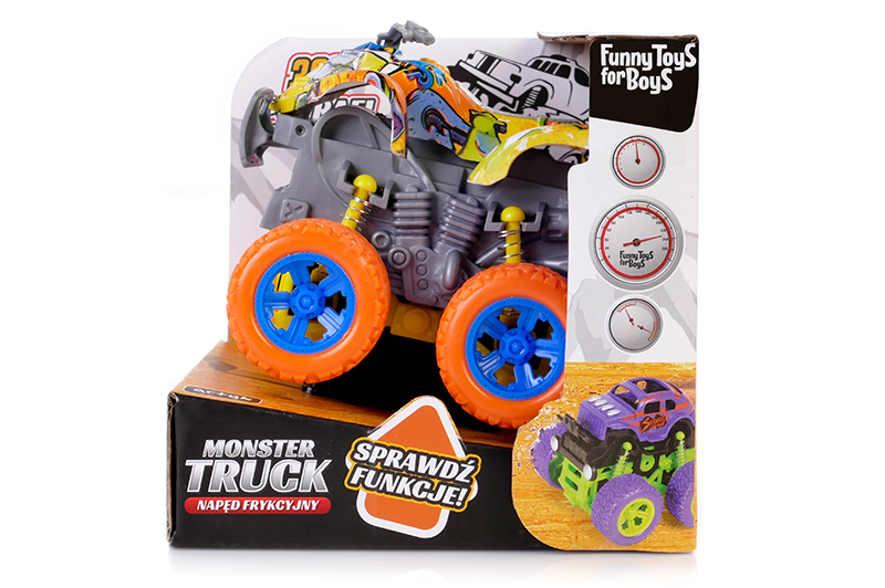 Zabawka Monster Truck quad marki Funny Toys for Boys z pomarańczowymi oponami i niebieskimi felgami. Model z napędem frykcyjnym, żółtymi amortyzatorami i kolorową karoserią w oryginalnym pudełku.