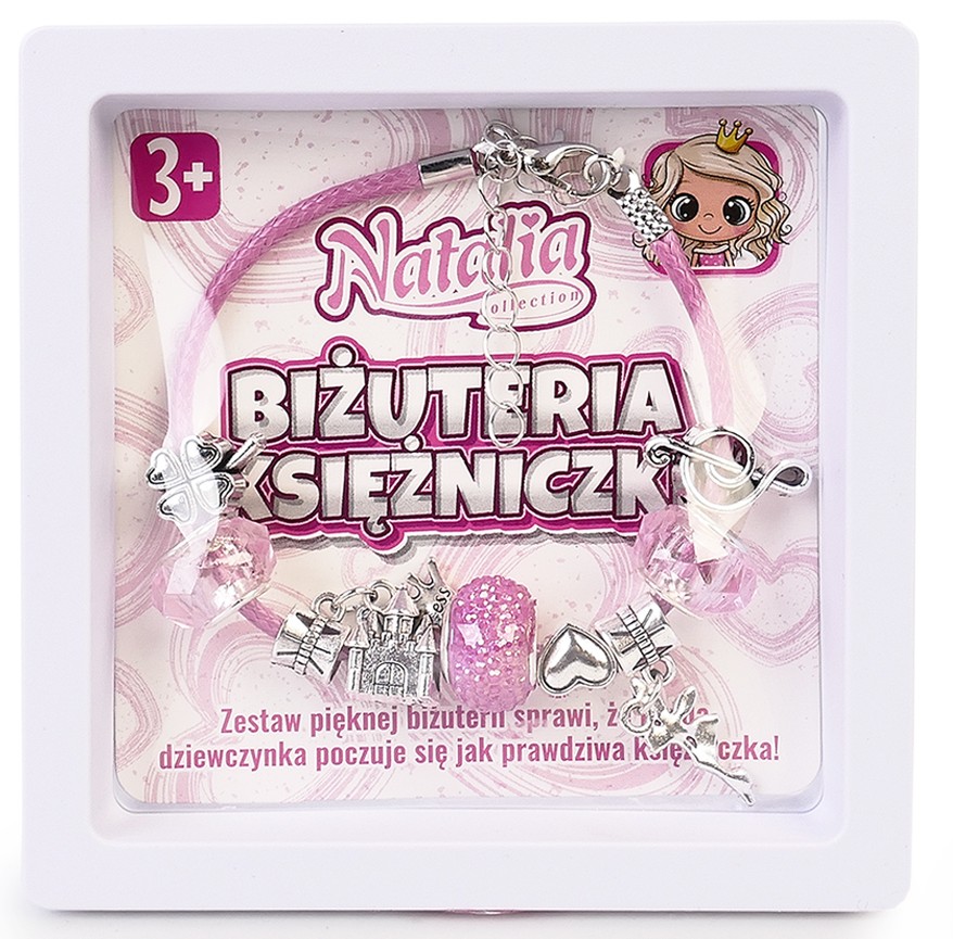 Bransoletka z zawieszkami Natalia Collection Biżuteria Księżniczki w białym pudełku – różowy rzemyk z koralikami i charmsami w kształcie zamku, serca i konika na biegunach