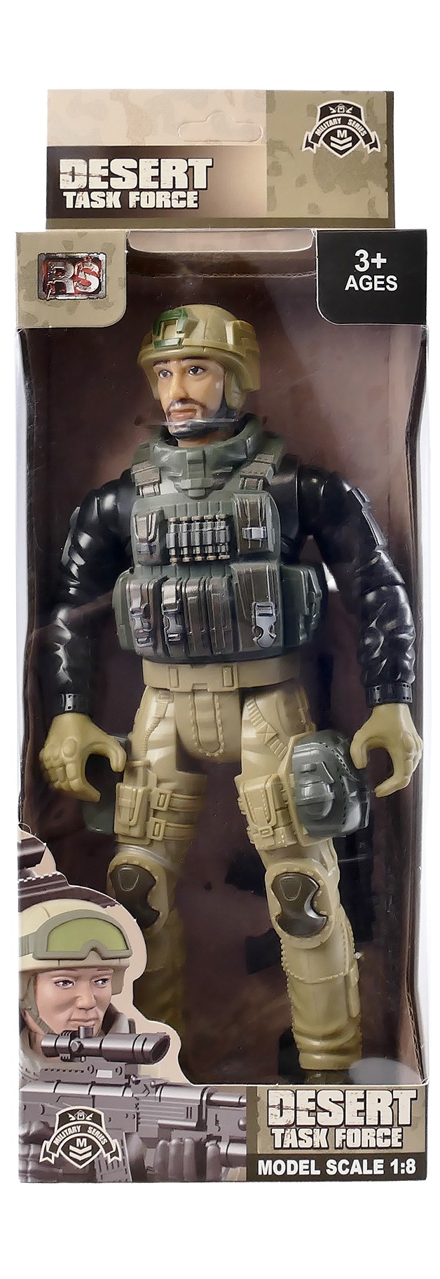 Figurka żołnierza w skali 1:8, stojąca w lekkim rozkroku na jasnym, jednolitym tle; ubrana w komplet militarny w stonowanych, ziemistych kolorach (kamizelka taktyczna, spodnie, buty), z wyraźnie zaznaczonymi detalami umundurowania oraz ruchomymi stawami w ramionach, łokciach i nogach, trzymająca odłączalne uzbrojenie dopasowane rozmiarem do dłoni figurki, przeznaczona dla dzieci od 3 roku życia.