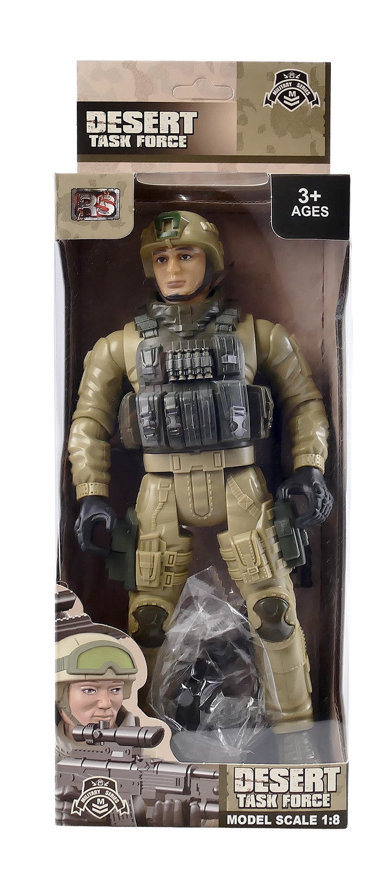 Plastikowa figurka żołnierza o wysokości około 23,5 cm w skali 1:8, przedstawiona na jednolitym, jasnym tle, ubrana w wojskowy mundur z widocznymi detalami umundurowania; żołnierz stoi w lekkim rozkroku z rękami ułożonymi wzdłuż ciała, obok niego pokazano odłączalne elementy uzbrojenia (broń i akcesoria), które można mocować do figurki, co podkreśla jej ruchome części i możliwość zmiany konfiguracji podczas zabawy.