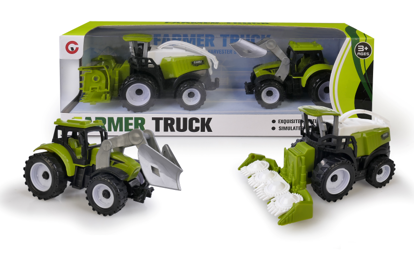 Zestaw zabawek rolniczych Farmer Truck: zielony traktor z ładowaczem czołowym oraz kombajn do kukurydzy