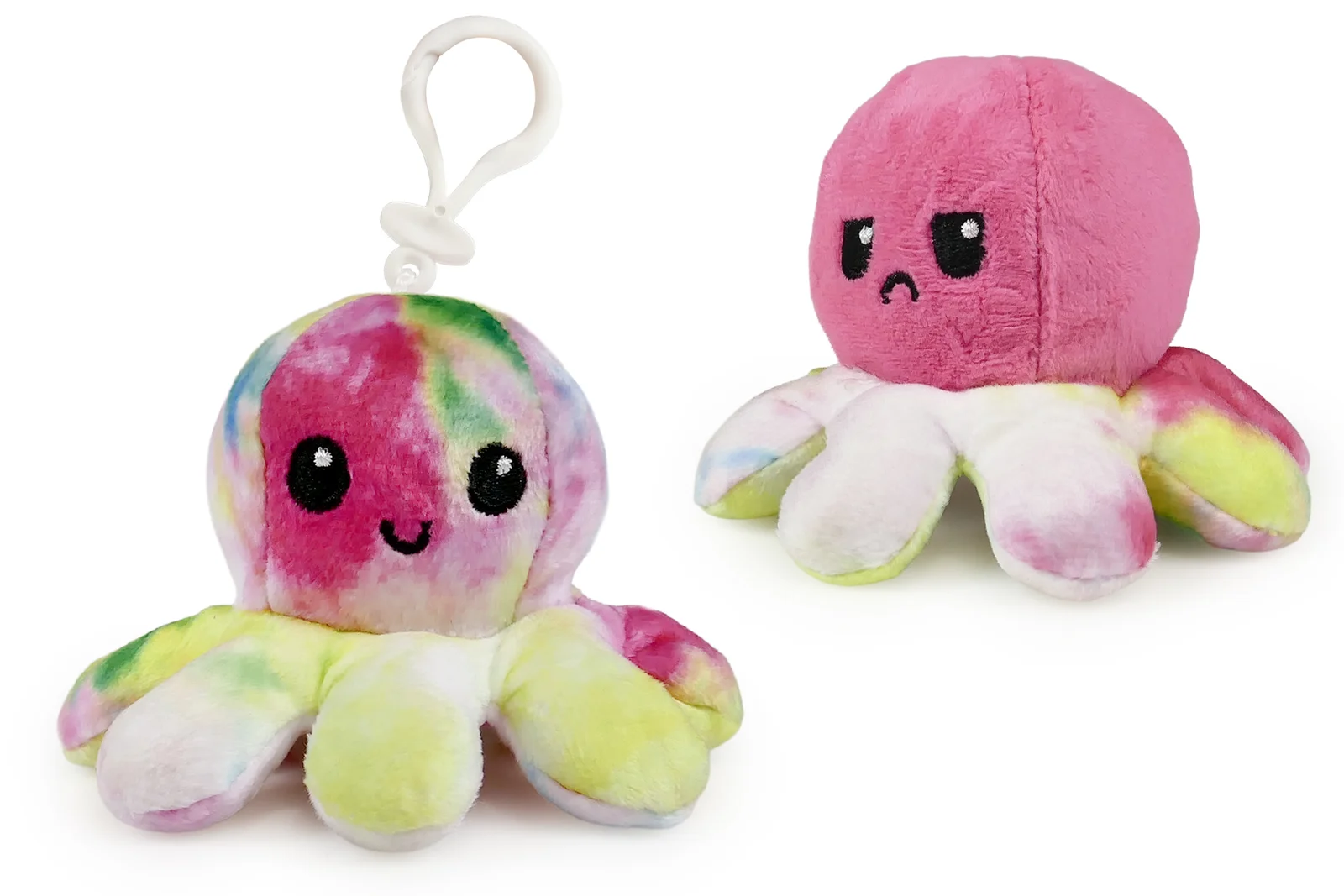 Dwustronny pluszowy brelok ośmiornica w wersji kolorystycznej tie-dye i różowej, prezentujący dwie miny: uśmiechniętą oraz smutną.
