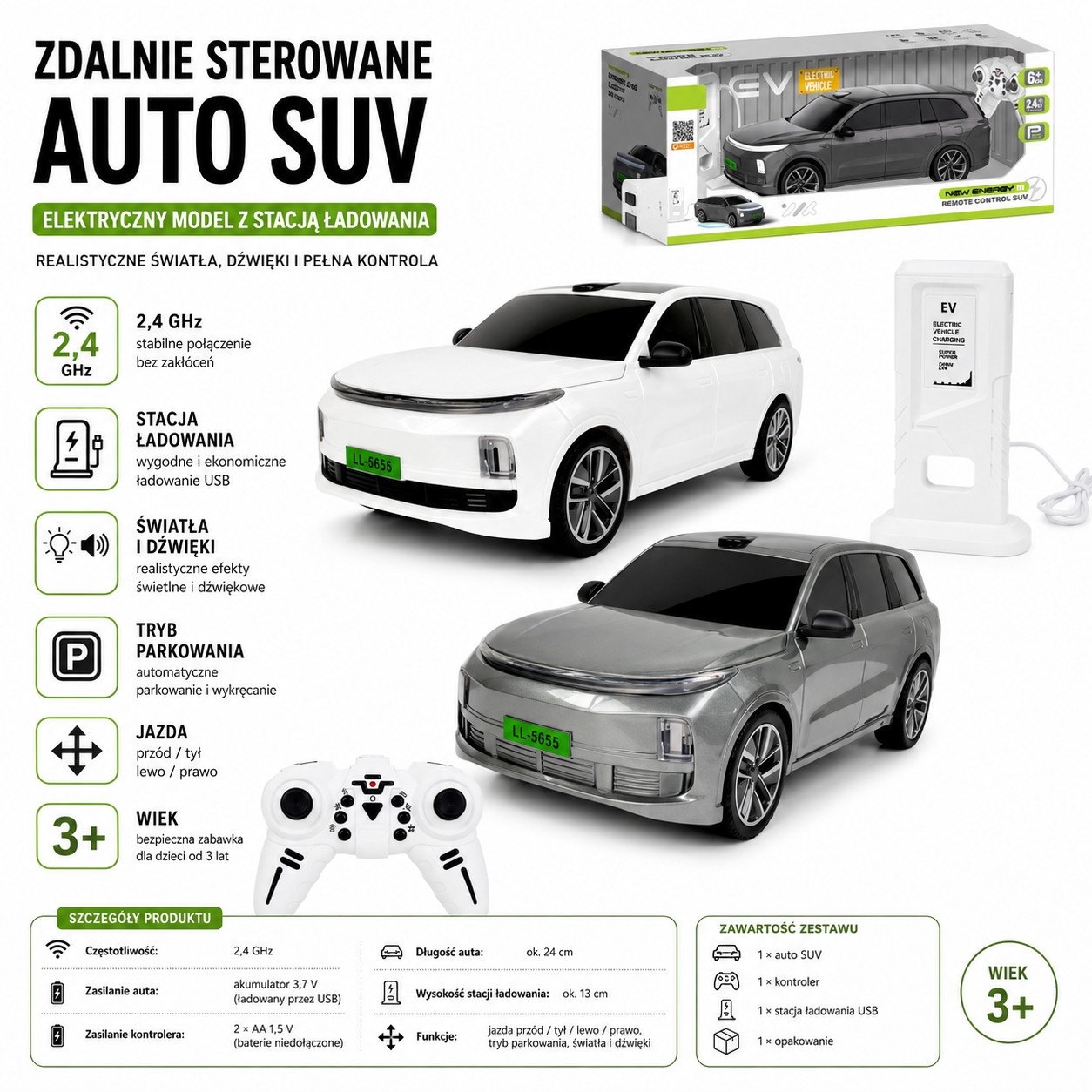 Srebrny zabawkowy samochód elektryczny typu SUV z dołączoną białą stacją ładowania EV.