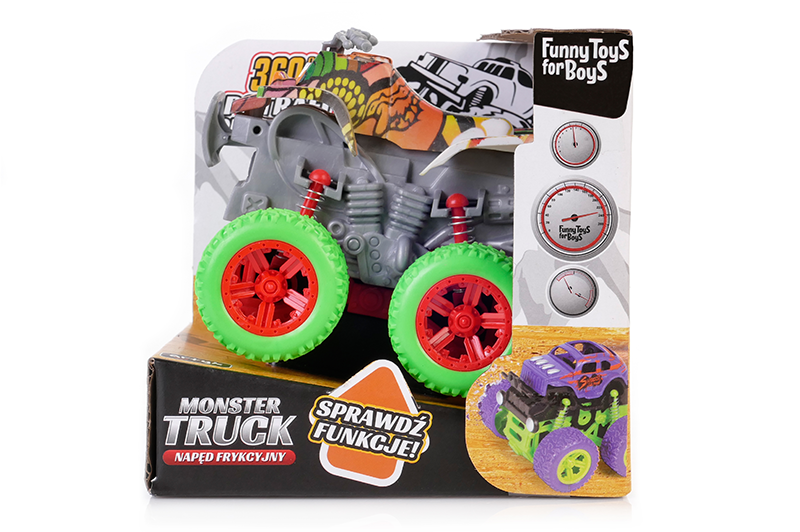 Zabawka Monster Truck z napędem frykcyjnym marki Funny Toys for Boys w oryginalnym opakowaniu. Pojazd ma szare nadwozie z kolorową grafiką, czerwone felgi i duże, jasnozielone opony z bieżnikiem.