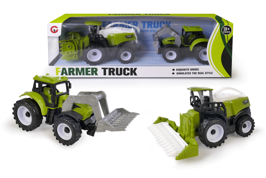 Zestaw dwóch zabawkowych maszyn rolniczych Farmer Truck w kolorze zielonym: traktor z ładowaczem czołowym oraz kombajn do kukurydzy. Na górze widoczne opakowanie z napisem Farmer Truck i oznaczeniem wieku 3+.