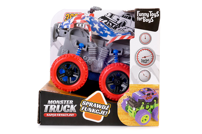Zabawka Monster Truck quad z napędem frykcyjnym marki Funny Toys for Boys. Pojazd posiada biało-niebieskie nadwozie w gwiazdy, niebieskie amortyzatory oraz duże czerwone opony z czarnymi felgami.