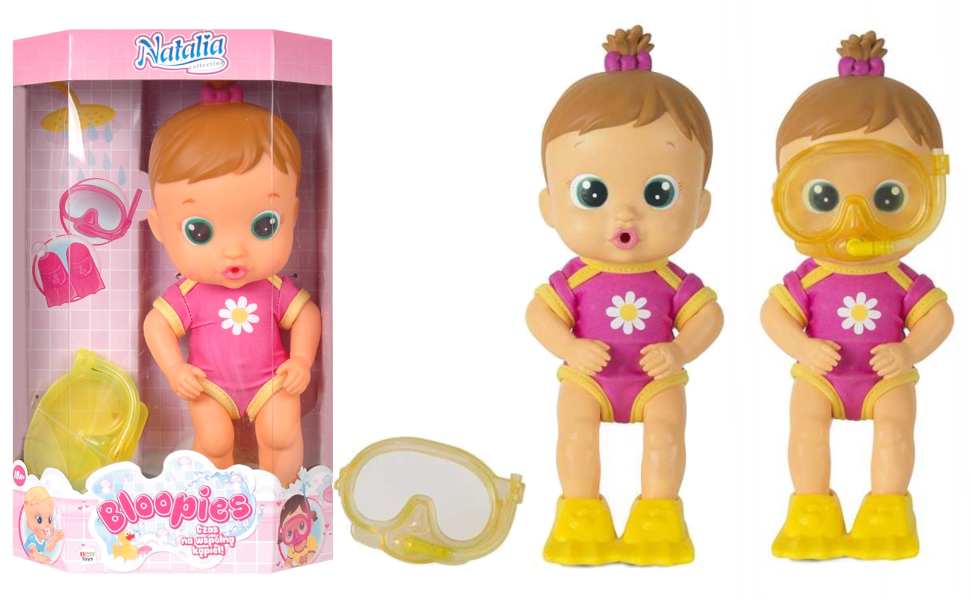 Lalka do kąpieli Bloopies Natalia w różowym stroju z białą stokrotką, żółtą maską do nurkowania i żółtymi płetwami. Zdjęcie produktowe na białym tle prezentuje lalkę w pudełku oraz w dwóch ujęciach z akcesoriami.