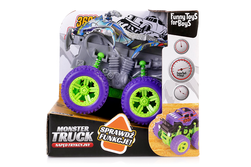 Zabawkowy quad Monster Truck Funny Toys for Boys z fioletowymi oponami i jasnozielonymi felgami. Model z napędem frykcyjnym, szarym silnikiem i niebiesko-czarną karoserią w oryginalnym opakowaniu.