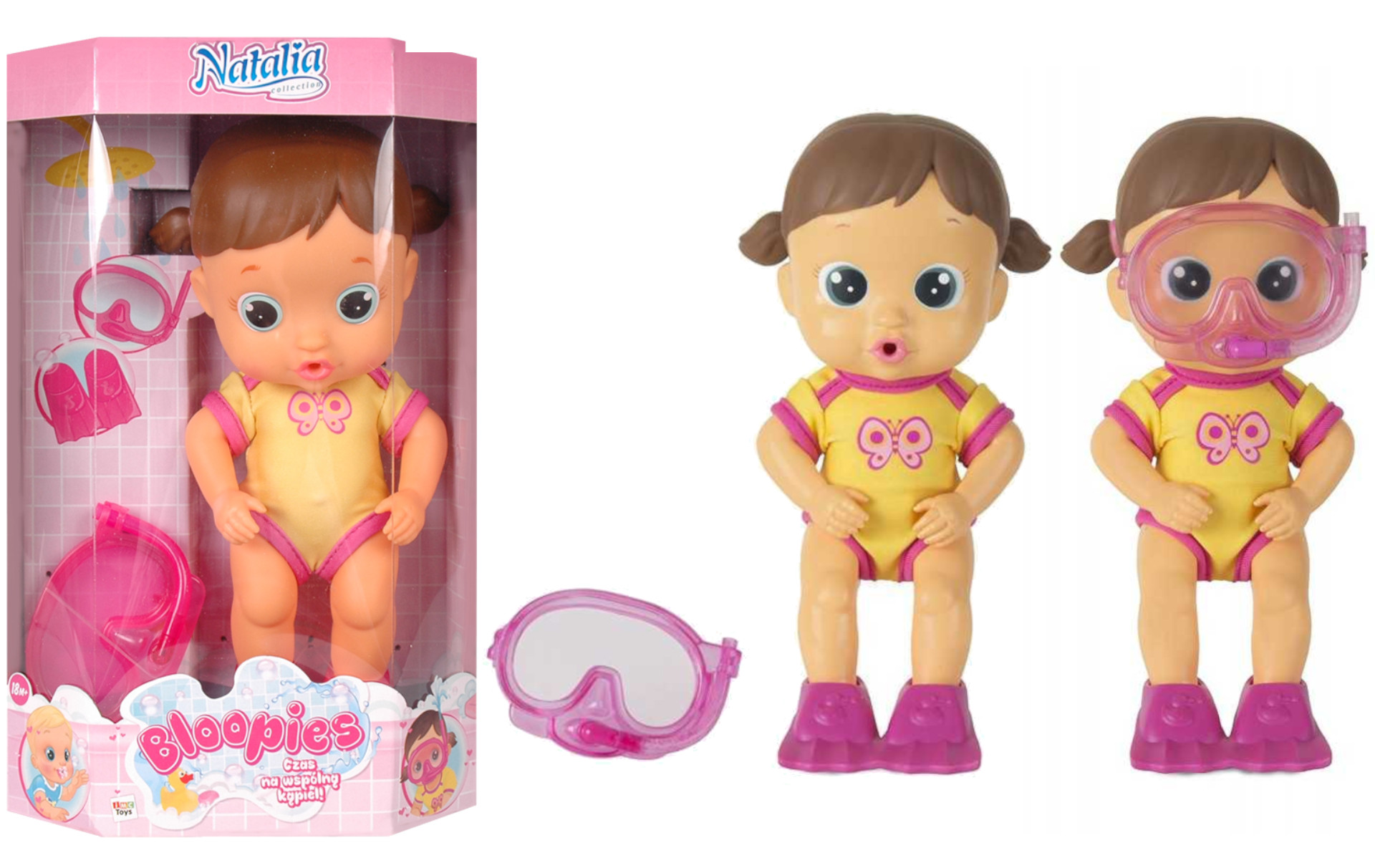 Lalka do kąpieli Bloopies Natalia w żółtym stroju z różowym motylem, ciemnoróżową maską do nurkowania i płetwami. Zdjęcie produktowe na białym tle pokazuje lalkę w pudełku oraz w dwóch ujęciach prezentujących akcesoria