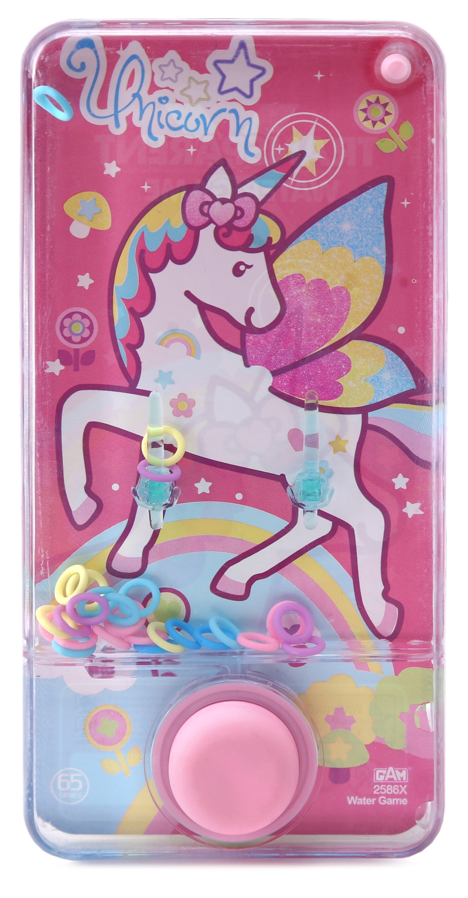 Klasyczna gra wodna zręcznościowa w kształcie telefonu marki Artyk z grafiką jednorożca z różowo-tęczową grzywą i kolorowymi skrzydłami na różowym tle ozdobionego gwiazdkami, tęczą i kwiatkami, z różowym okrągłym przyciskiem do pompowania wody u dołu zabawki