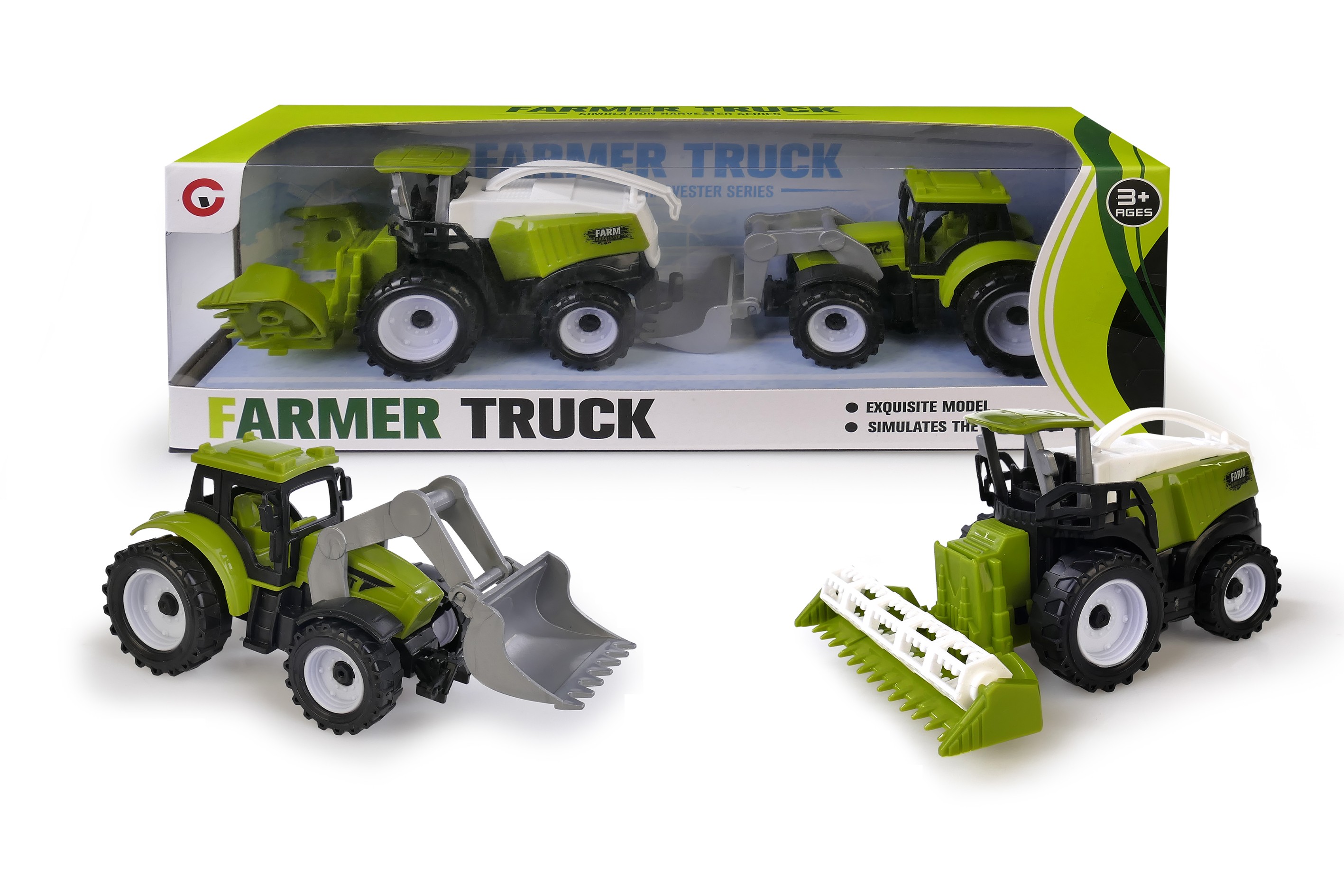 Zestaw zabawek rolniczych Farmer Truck: zielony traktor z ładowaczem czołowym oraz kombajn zbożowy obok kolorowego opakowania.