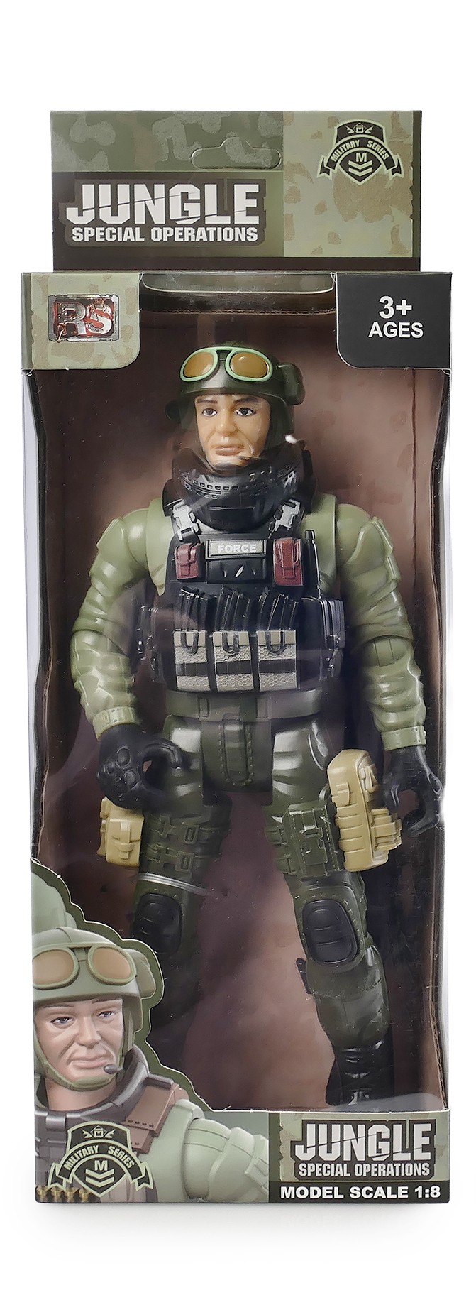 Zbliżenie na plastikową figurkę żołnierza w skali 1:8, o wysokości 23,5 cm, ubranego w zielony mundur wojskowy z kamizelką taktyczną, hełmem i butami, z ruchomymi rękami i nogami, stojącego w lekkim rozkroku; obok widoczne są dołączone akcesoria, takie jak broń i ekwipunek, zabawka przeznaczona dla dzieci od 3 lat.