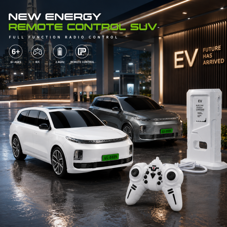Biały zdalnie sterowany samochód elektryczny SUV z białą zabawkową stacją ładowania EV