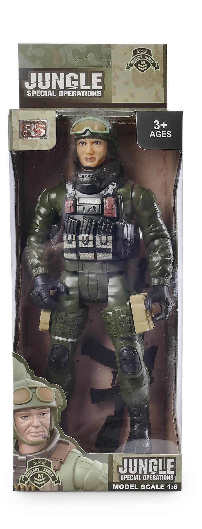 Zbliżenie na plastikową figurkę żołnierza w skali 1:8, o wysokości 23,5 cm, ubranego w zielony mundur wojskowy z kamizelką taktyczną, hełmem i butami, z ruchomymi rękami i nogami, stojącego w lekkim rozkroku; obok widoczne są dołączone akcesoria, takie jak broń i ekwipunek, zabawka przeznaczona dla dzieci od 3 lat.
