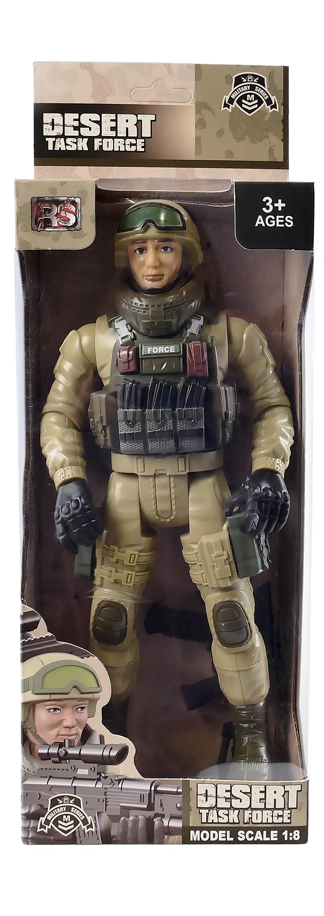 Figurka żołnierza w skali 1:8 przedstawiona na jasnym tle, ubrana w zielony mundur wojskowy z czarnymi butami, w hełmie na głowie, z wyraźnie widocznymi szczegółami umundurowania i uzbrojenia, przeznaczona dla dzieci powyżej 3 lat.