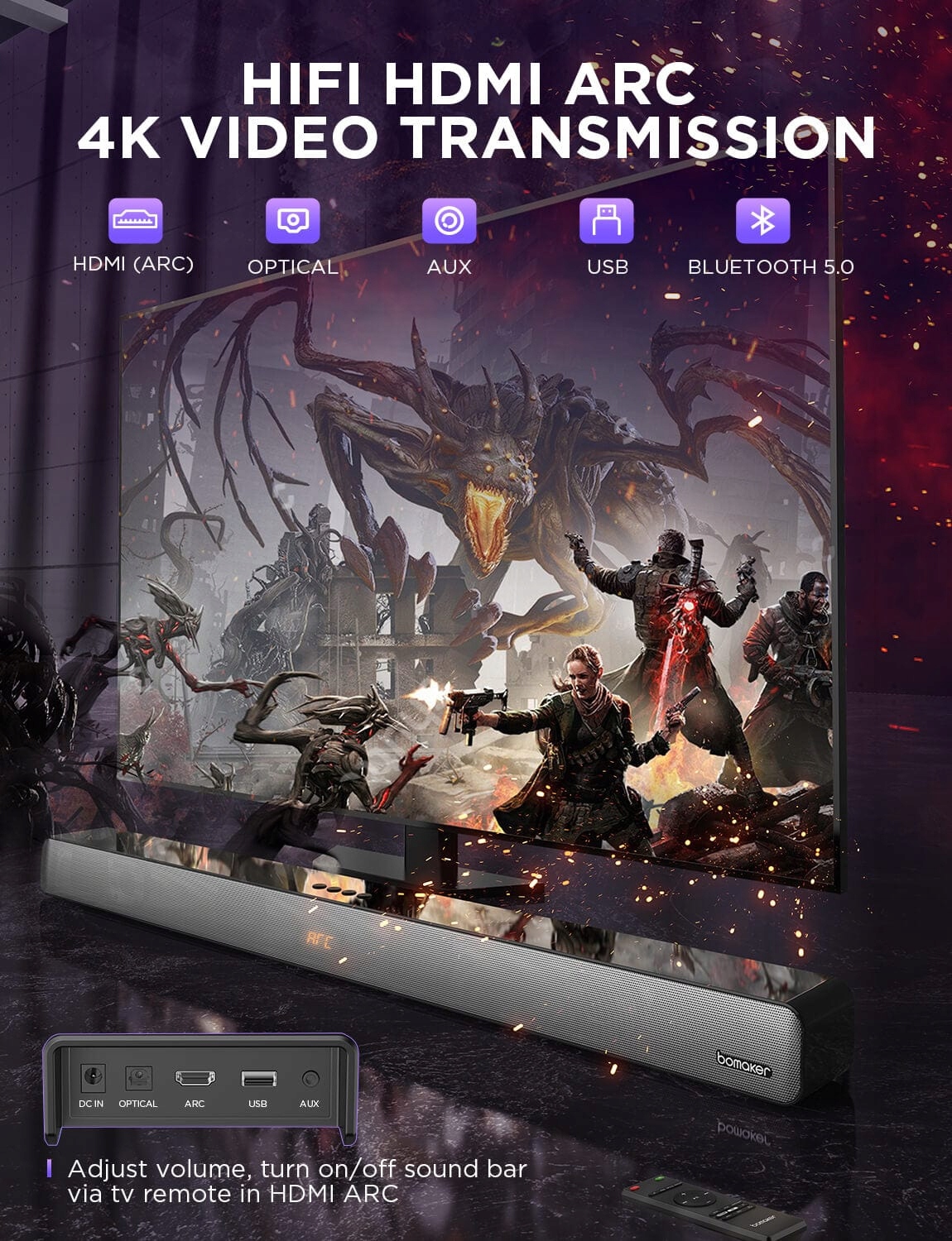 Soundbar Bomaker Odine IV 2.0 100W Bluetooth 5.0 HDMI ARC Czarny HIT !