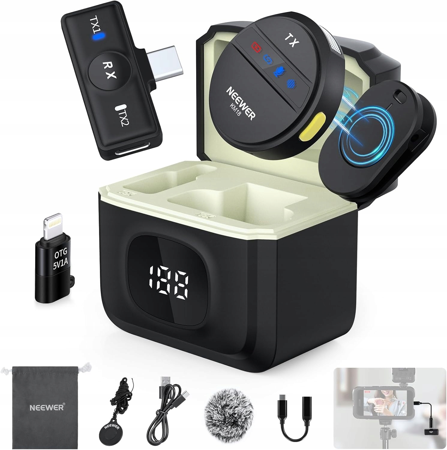 Mikrofon bezprzewodowy krawatowy Neewer KM18 zasięg 200m, nagrywanie wideo