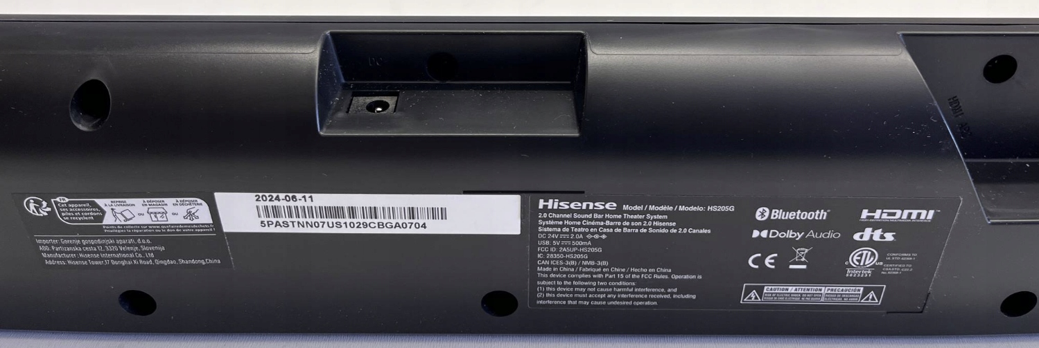 Soundbar HISENSE HS205G Czarny 2.0 Bluetooth HDMI ARC USB AUDIO DTS Virtual