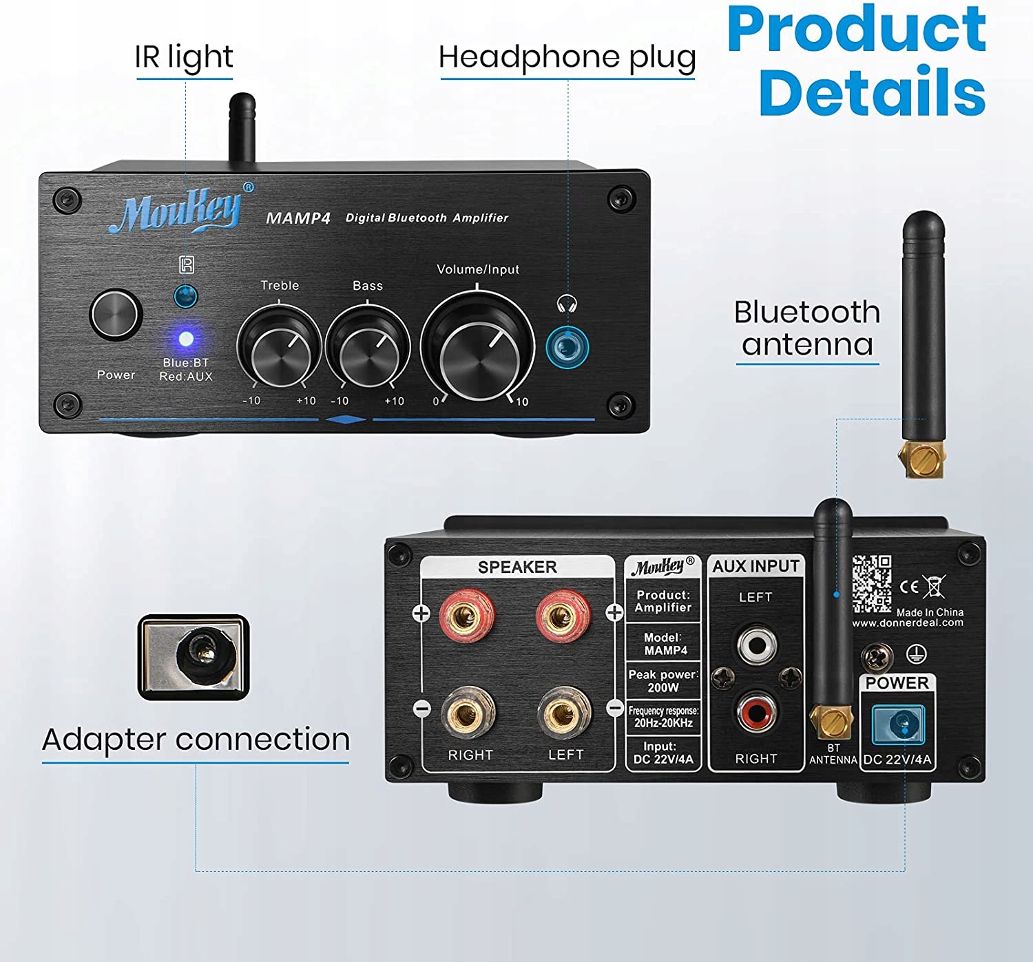 Wzmacniacz mocy Moukey MAMP4, Bluetooth 5.0 Czarny