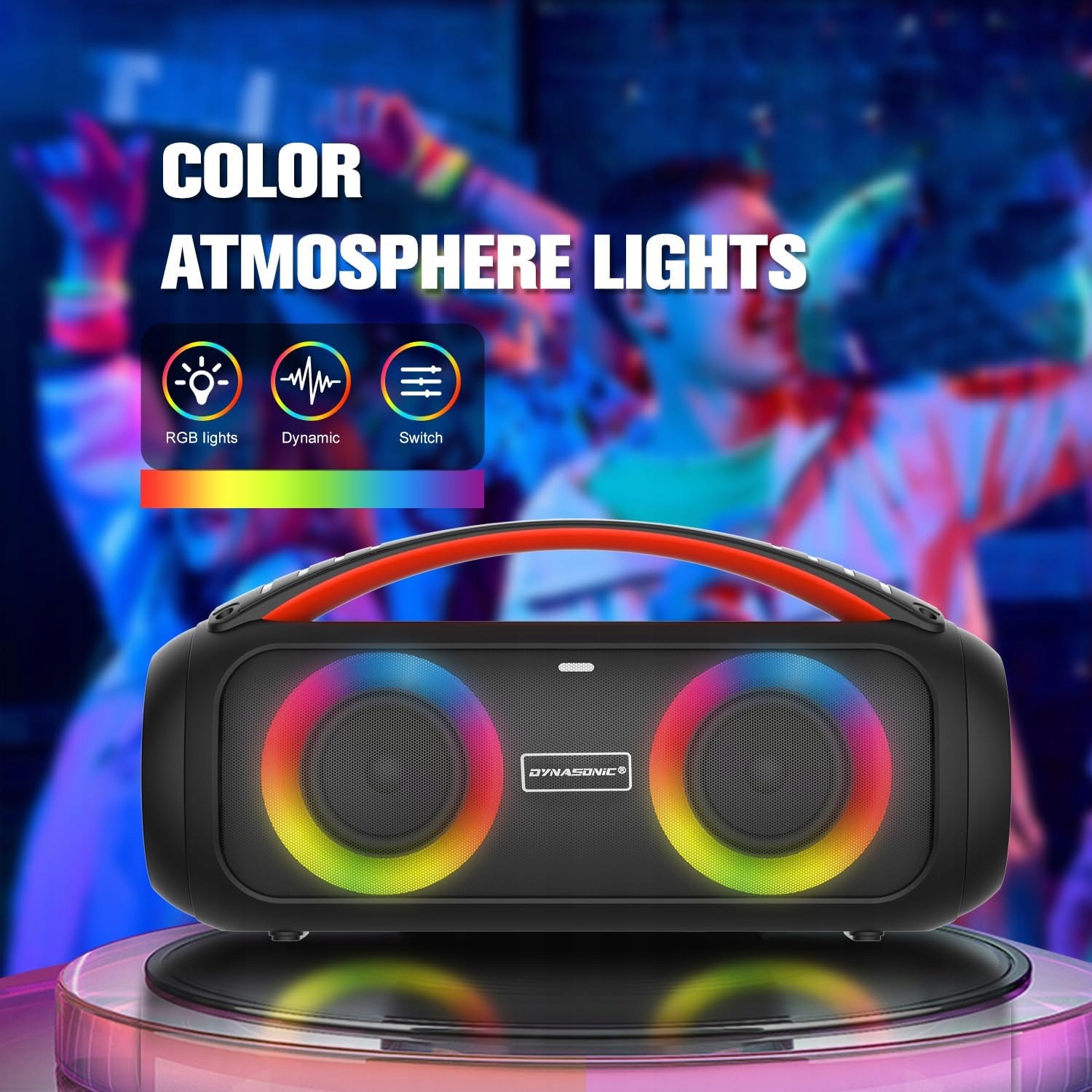 MOCNY GŁOŚNIK BLUETOOTH DYNASONIC D93 IPX7 USB Oświetlenie RGB