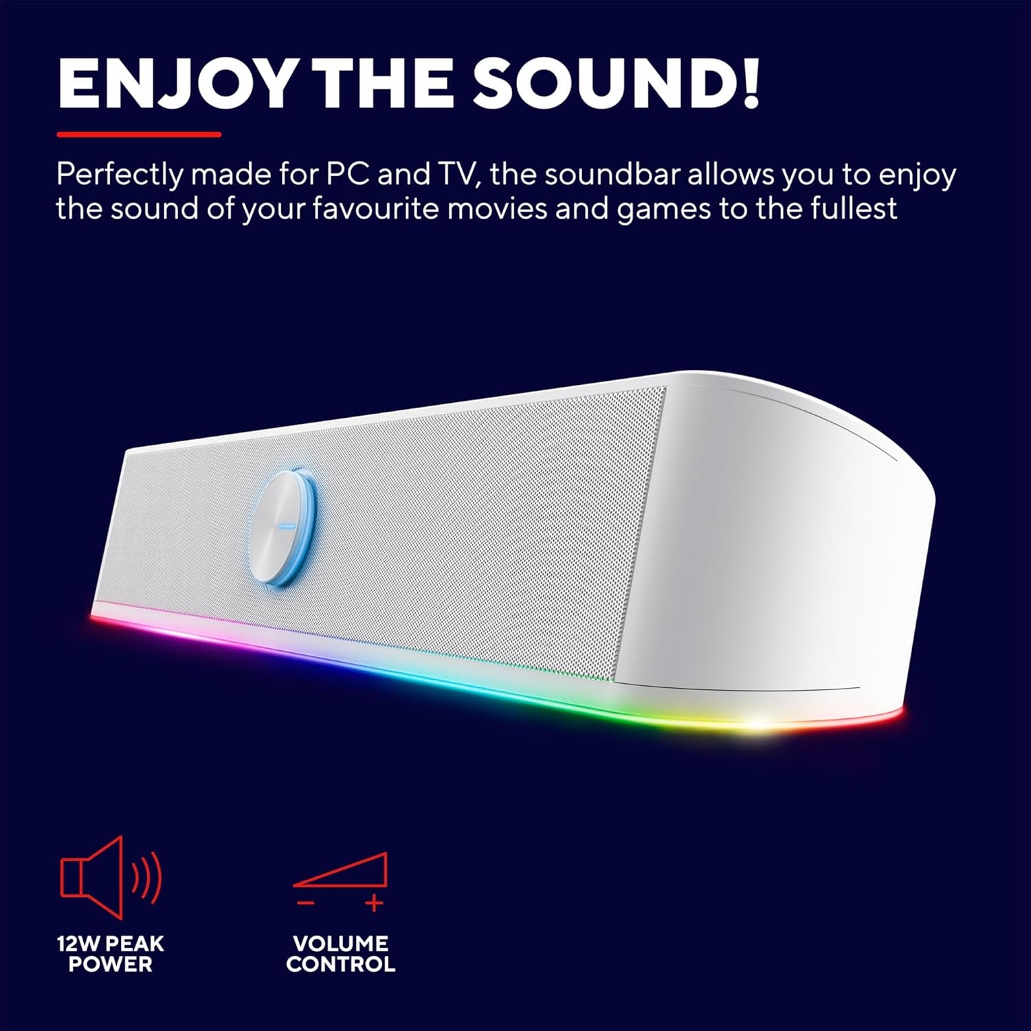 Trust Gaming GXT 619 W Thorne Soundbar Oświetlenie RGB 12W USB AUX Biały