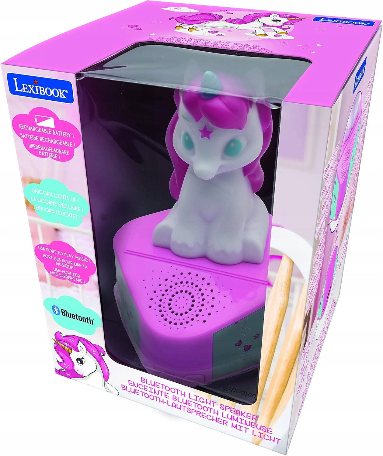 Lexibook Głośnik Bluetooth 5.0, Port USB Jednorożec, Świecąca Lekka Figurka