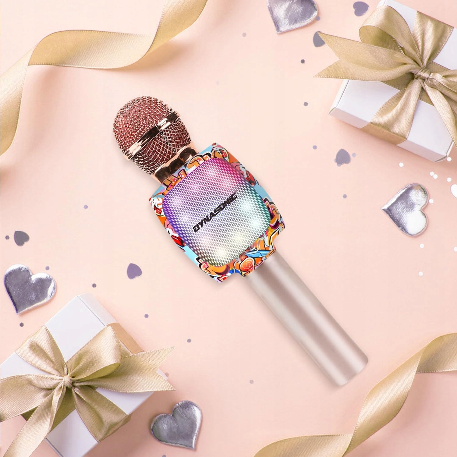 Mikrofon bezprzewodowy DYNASONIC DM-05 do karaoke Bluetooth RGB Złoty